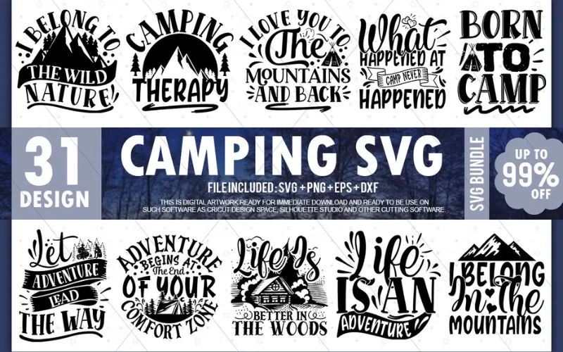 Collage of Camping SVG Designs included in the bundle