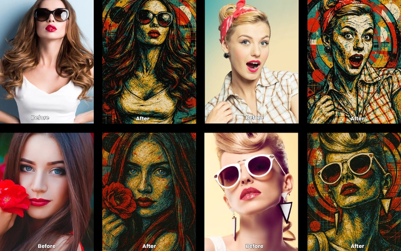 Collage of AI-edited photos created using the Clash of Color and Texture prompt