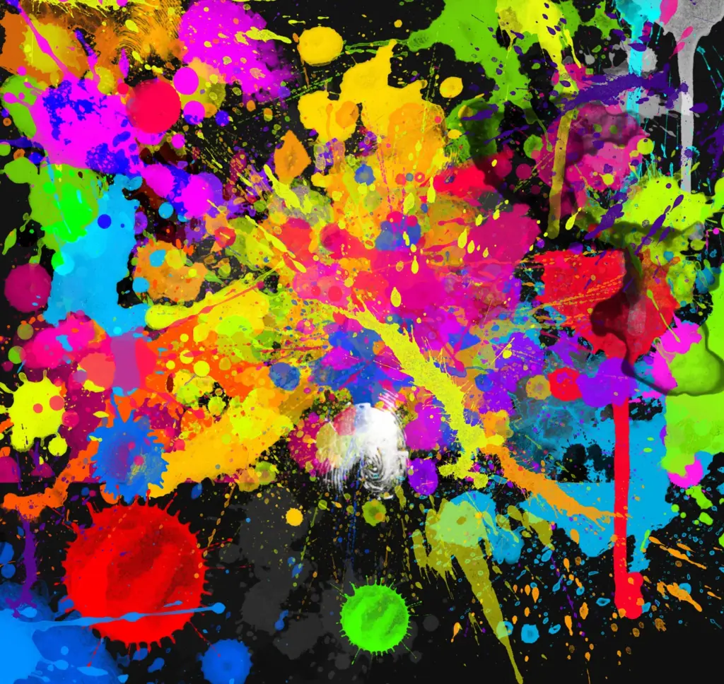 Dynamic mix of dripping and splattered paint in bright hues over black, expressing artistic freedom.