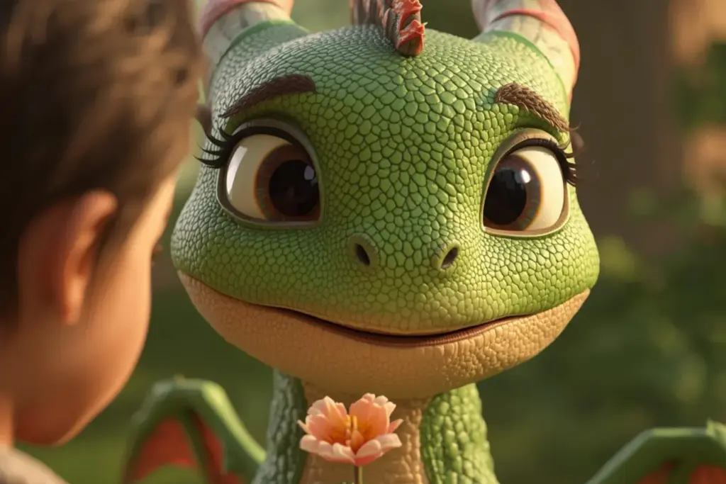 3D cartoon image of a green dragon created using AI prompts included in the bundle