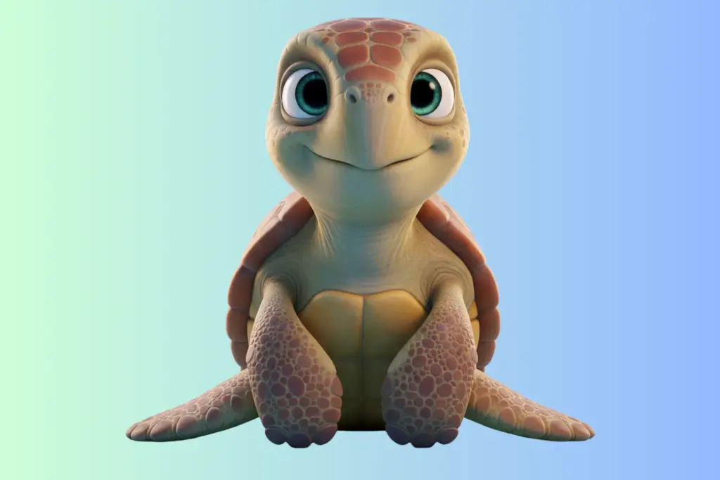 3D cartoon image of a baby turtle created using AI prompts included in the bundle