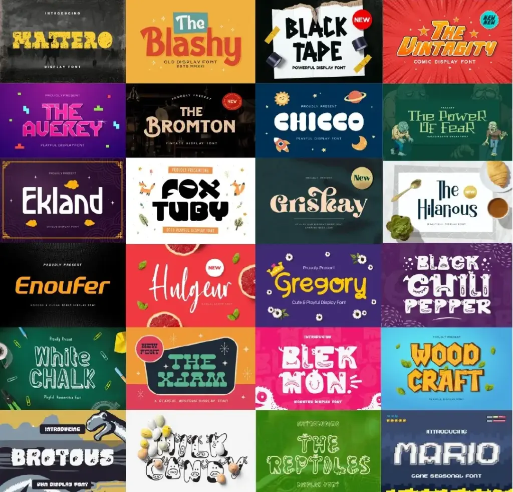 Collage of 25 display fonts with playful, vintage, and bold styles included in the Ultimate Fonts Collection