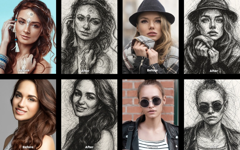 Collage of AI-edited photos created using the Dynamic Sketch prompt