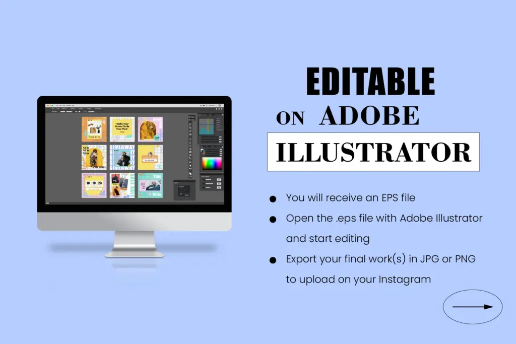 Adobe Illustrator interface displaying customizable Instagram post templates with instructions for editing and export.