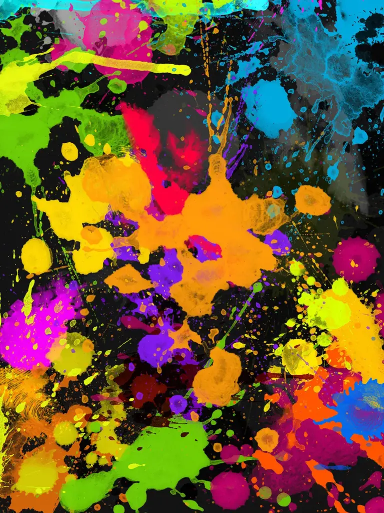 Random neon paint splashes on dark background, showcasing abstract expressionist style.