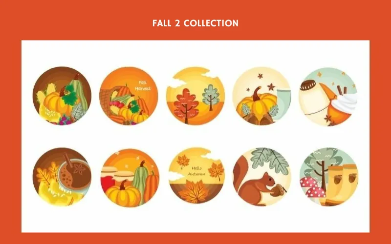 Circular fall icons with pumpkins, animals, and phrases like “Hello Autumn.”