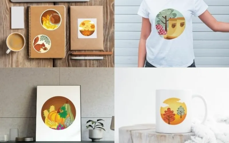 Circular fall stickers applied to mugs, shirts, notebooks, and framed art.