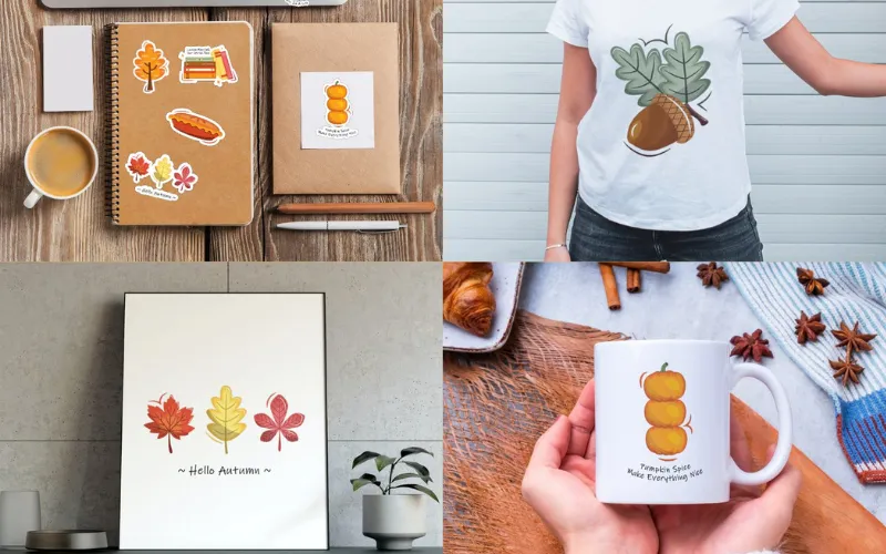 Fall-themed designs on mugs, shirts, prints, and stationery with pumpkins and leaves.