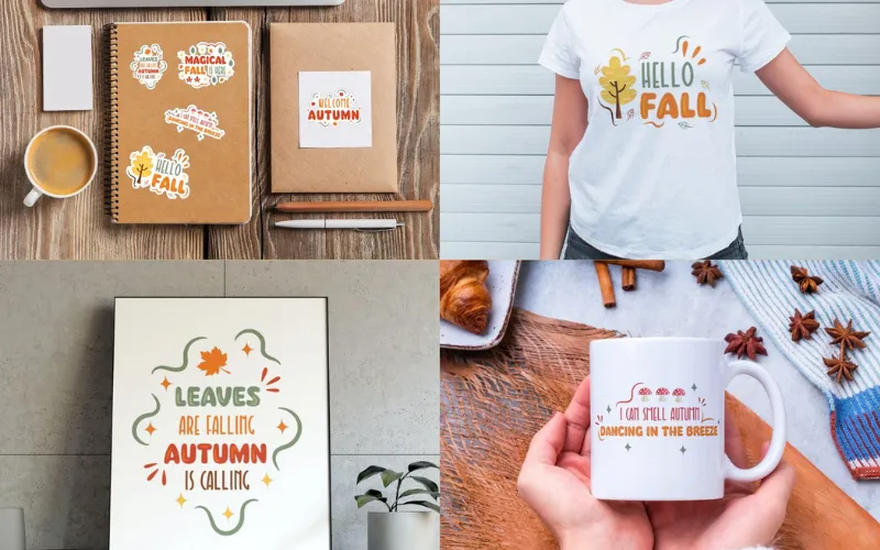 Autumn quotes and graphics on mugs, shirts, prints, and stationery.