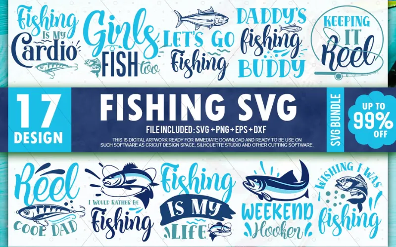 Collage of Fishing SVG Designs included in the bundle