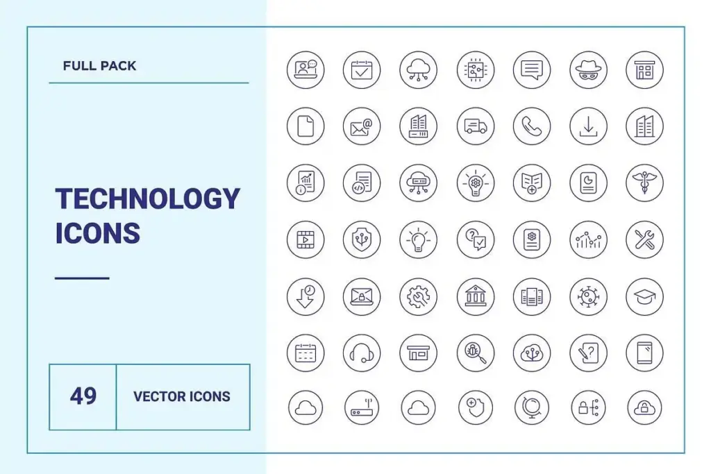 Grid of 49 circular vector icons labeled “Technology Icons,” showcasing tools for cloud, data, and security.