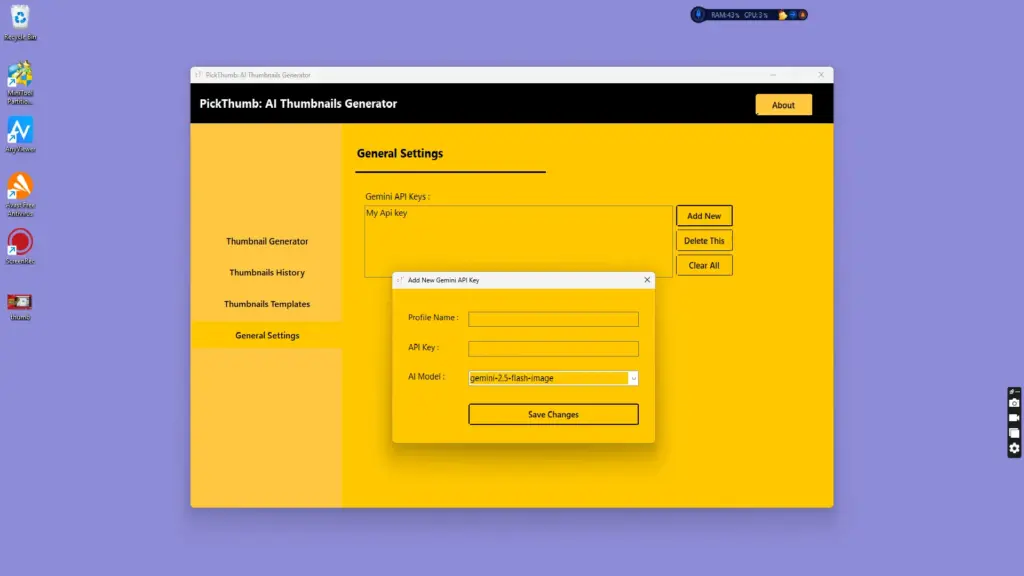 PickThumb AI Thumbnails Generator General Settings Screen