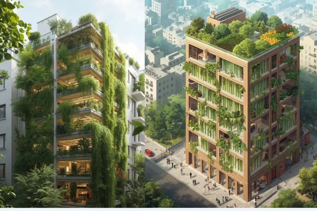 Eco-friendly buildings with vertical gardens and rooftop farming in a modern cityscape. Prompts for ai art