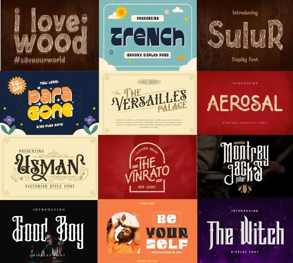 Collage of 12 fonts with groovy, vintage, and modern themes including palace, batik, and Halloween included in Ultimate fonts collection