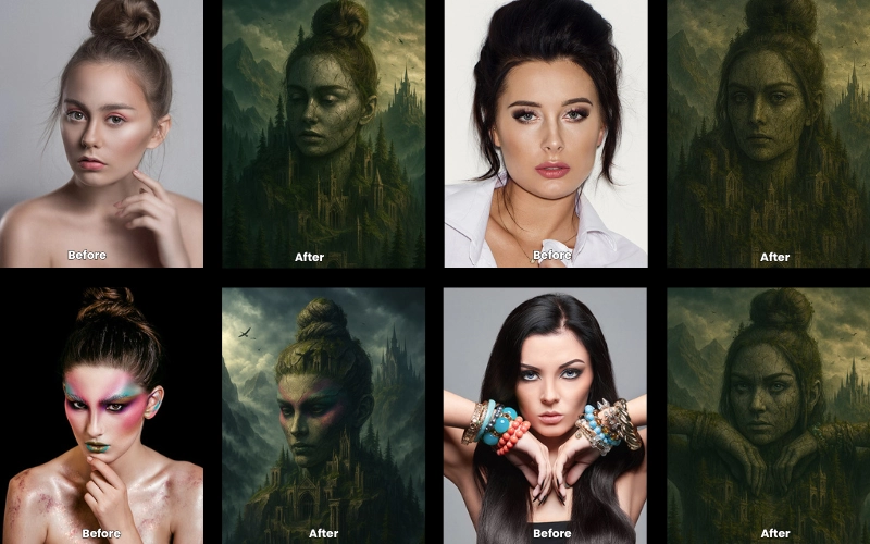 Collage of AI-edited photos created using the Guardian of the Misty Peaks prompt