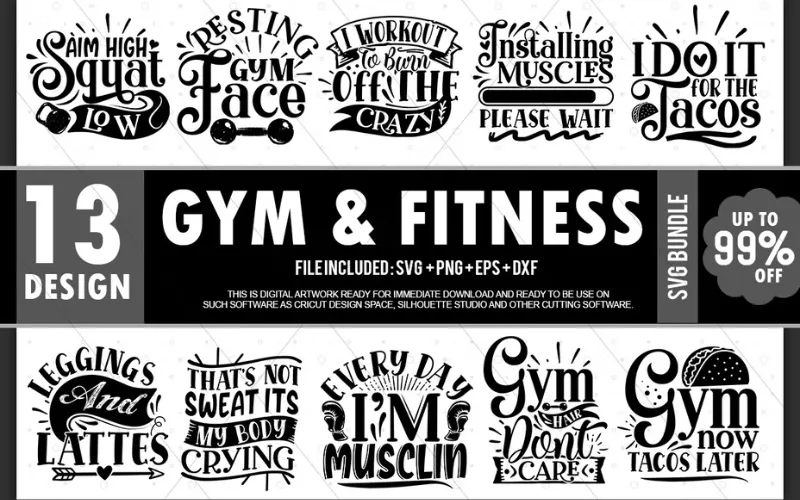 Collage of Gym and Fitness SVG Designs included in the bundle
