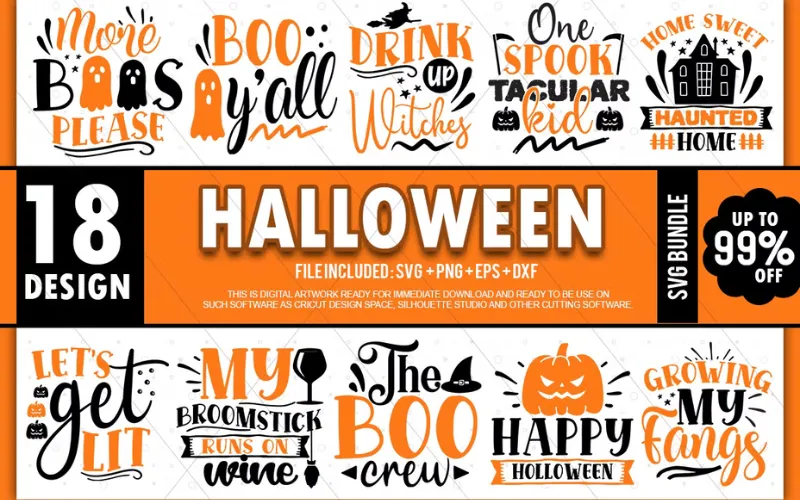 Collage of Halloween SVG Designs included in the bundle