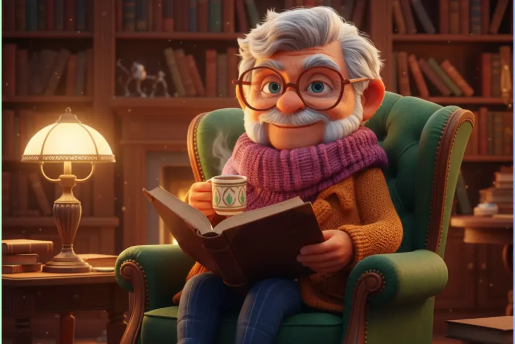 3D cartoon image of a elderly man reading a book created using AI prompts included in the bundle