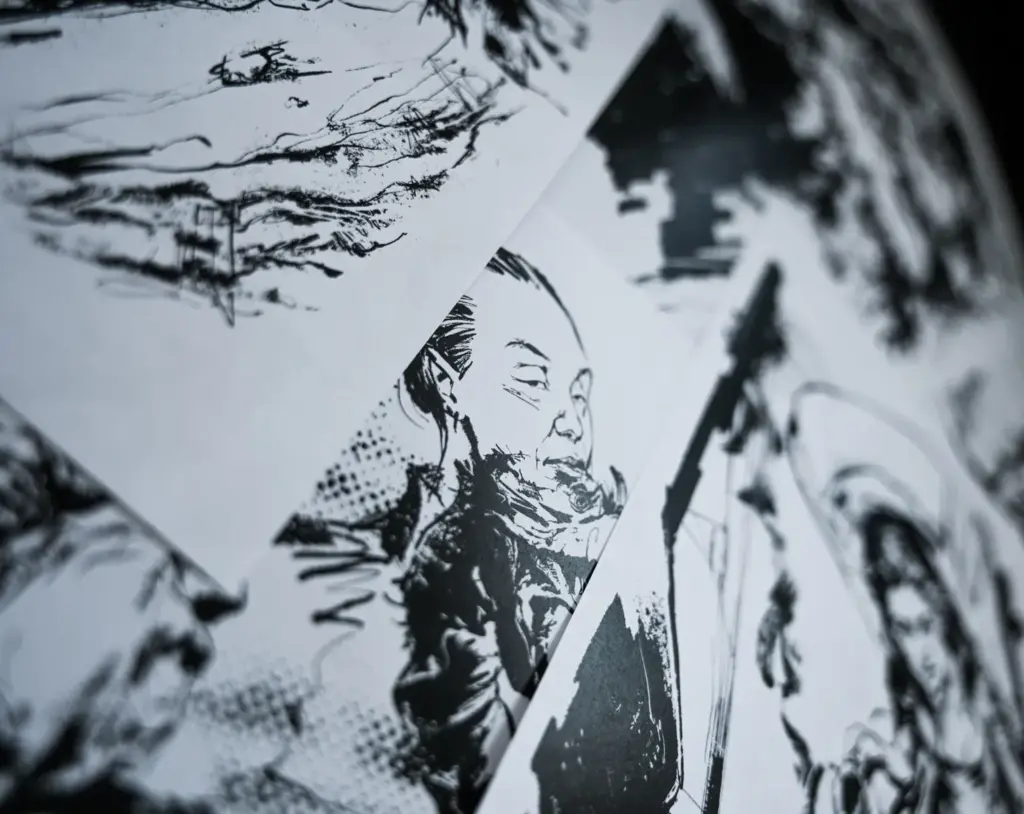 Collection of expressive ink sketches with central figure smoking a pip