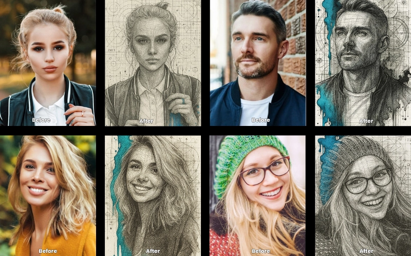 Collage of AI-edited photos created using the Ink Blueprint prompt