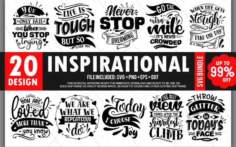 Collage of Inspirational SVG Designs included in the bundle