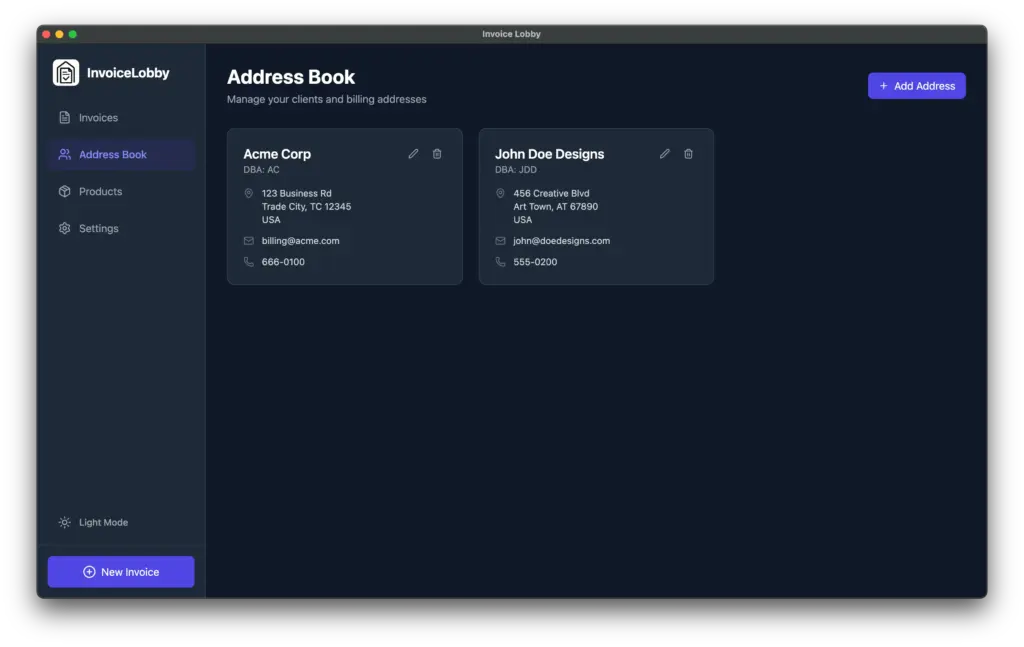 InvoiceLobby Address Book
