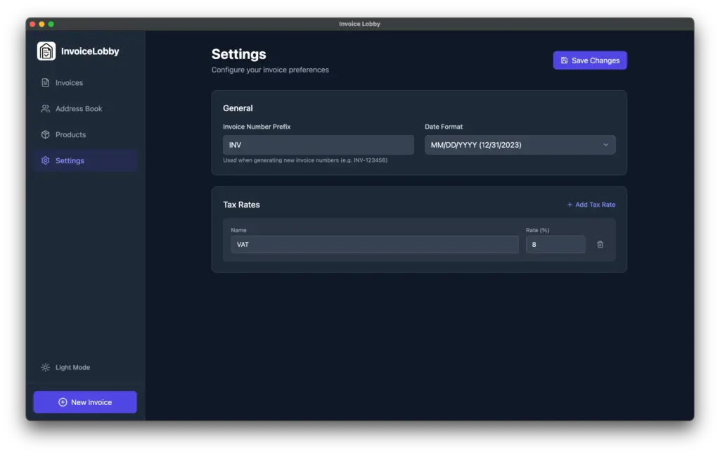 InvoiceLobby Settings