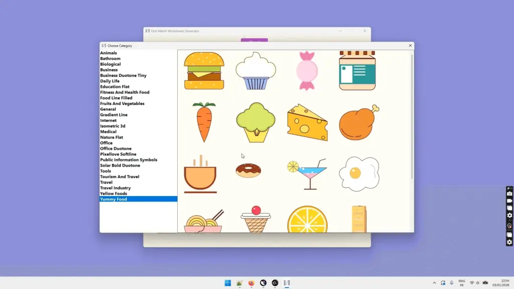 Category Options in Kids Match Worksheet Generator