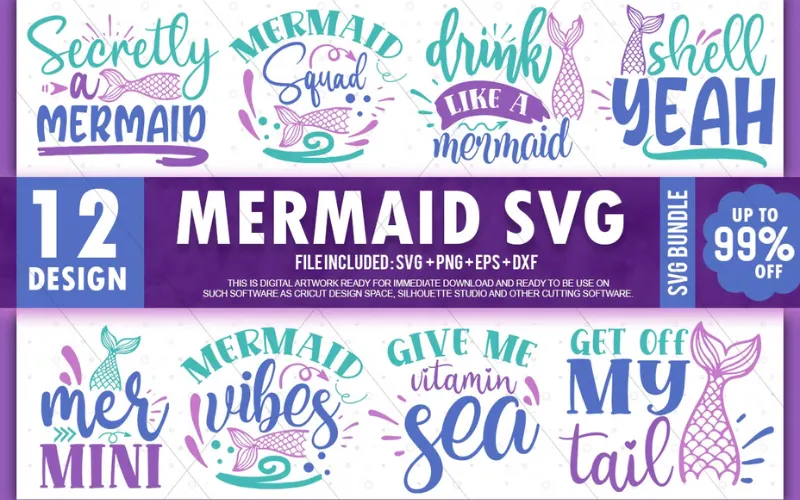 Collage of Mermaid SVG Designs included in the bundle