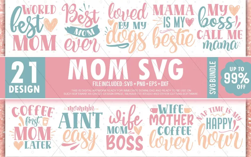 Collage of Mom SVG Designs included in the bundle