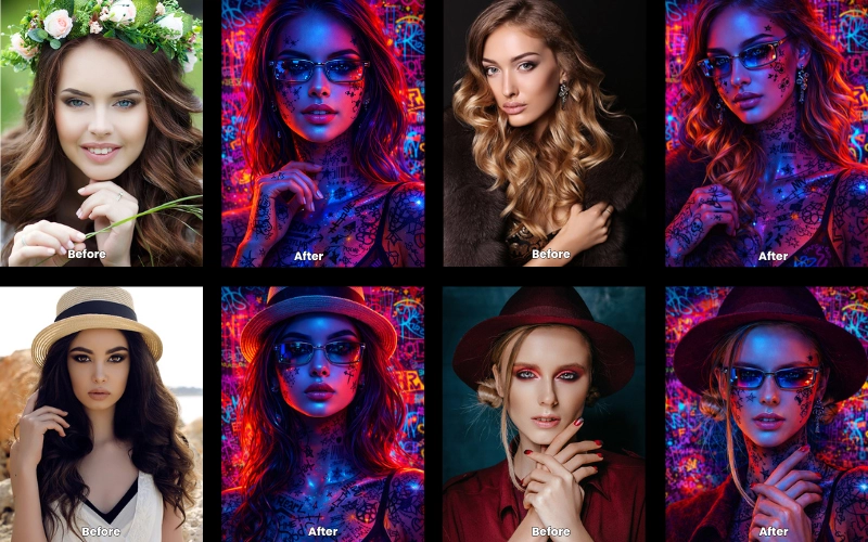 Collage of AI-edited photos created using the Neon Gaze on the Cyberpunk prompt