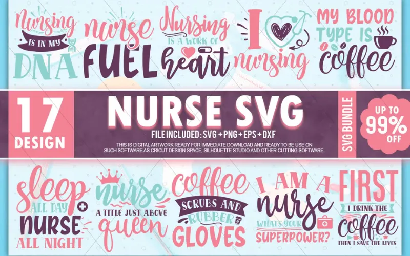 Collage of Nurse SVG Designs included in the bundle
