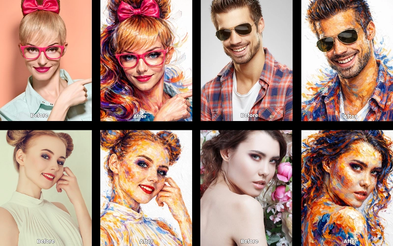 Collage of AI-edited photos created using the Oil Paint Visage prompt