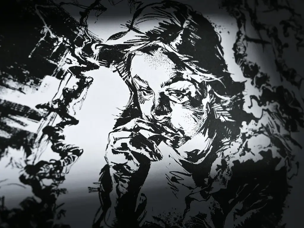 Expressive black-and-white sketch of a contemplative person with abstract background elements