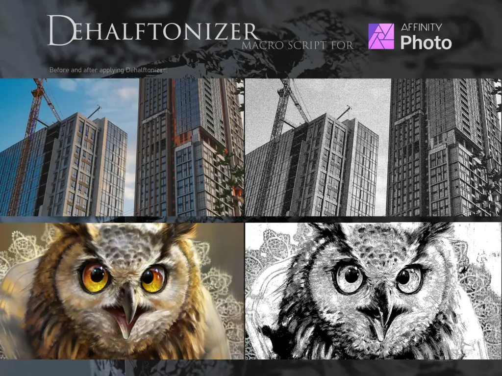 Dehalftonizer macro applied to building and owl images, showing halftone transformation