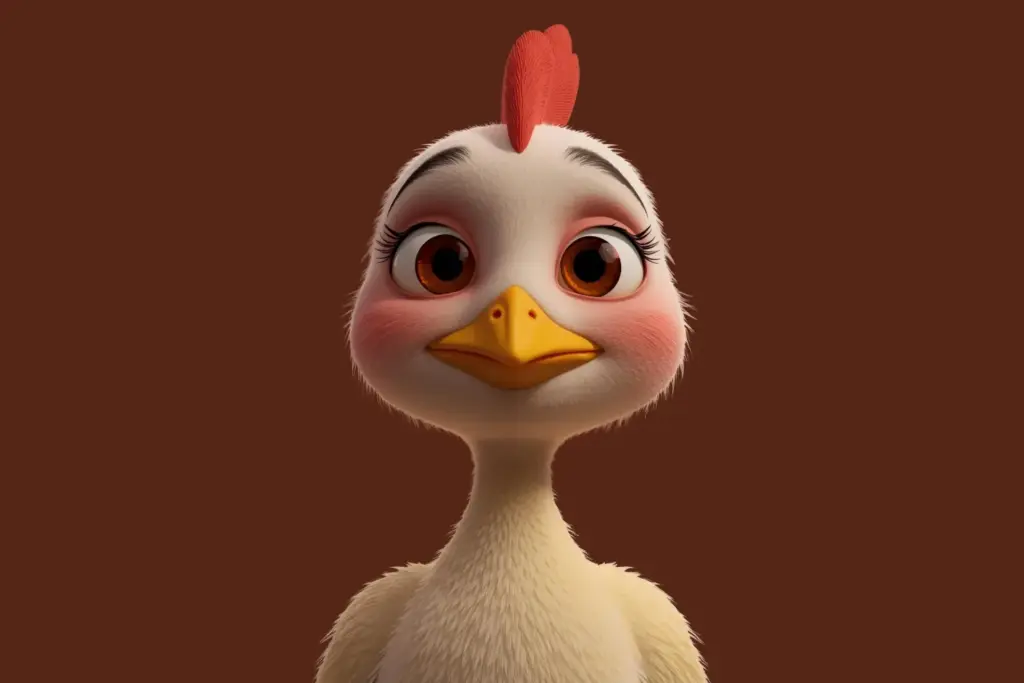 3D cartoon image of a white chicken using rosy cheeks created with AI prompts included in the bundle