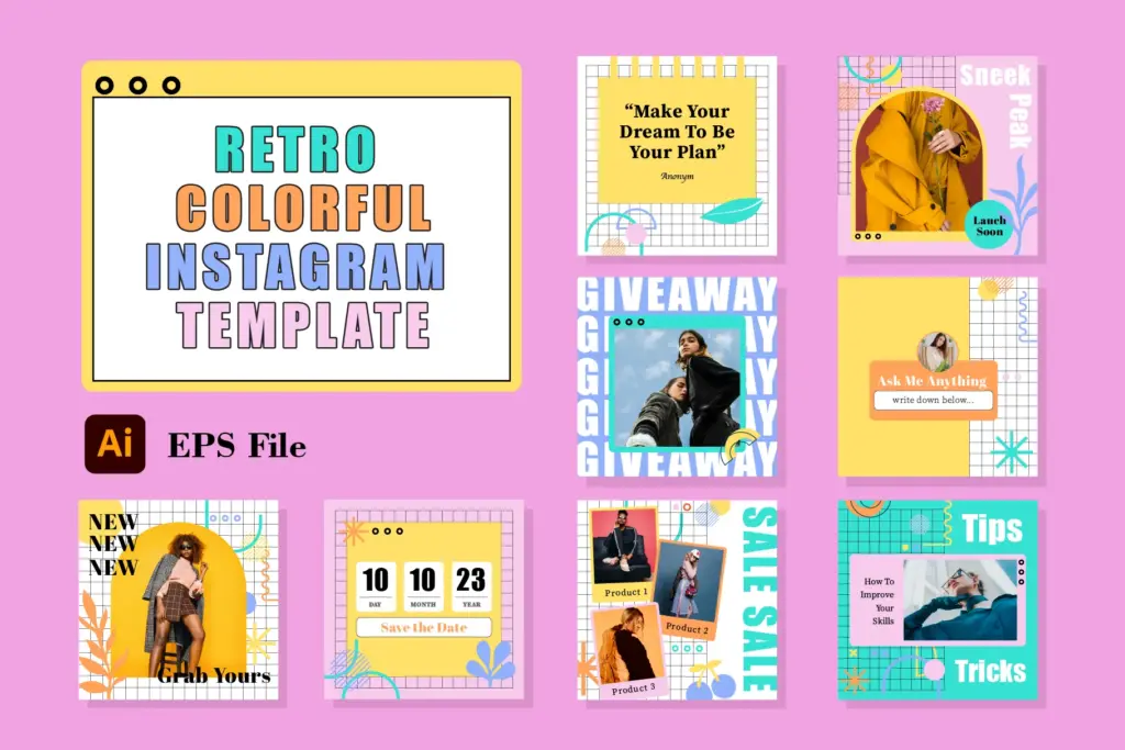 Grid of nine vibrant retro-themed Instagram post templates with geometric patterns and bold typography.
