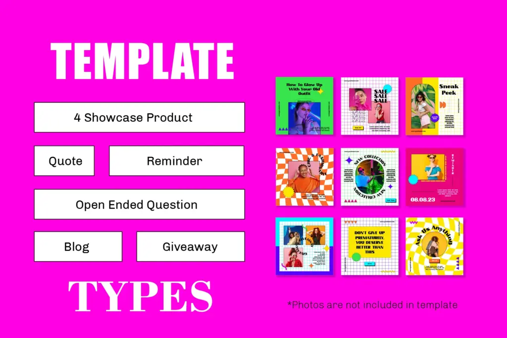 Categories of posts included in the retro neon Instagram product templates