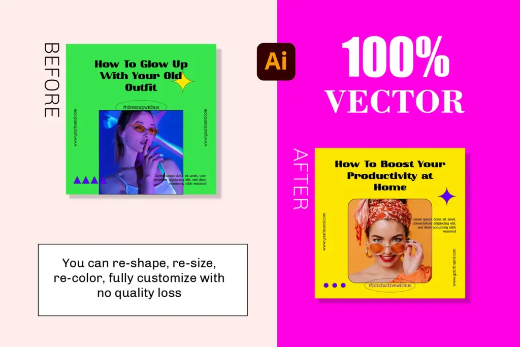 Before and after preview of an Instagram post after using the reto neon Instagram product templates for the same