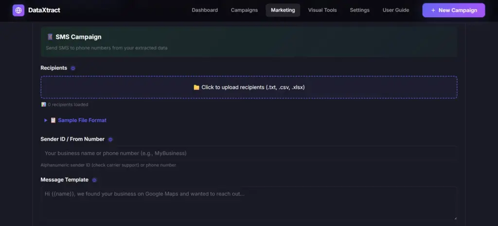 SMS Campaigns In DataXtract Pro Data Extraction Tool For Lead Generation