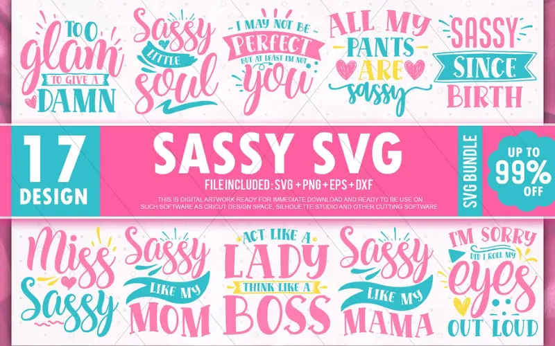 Collage of Sassy SVG Designs included in the bundle