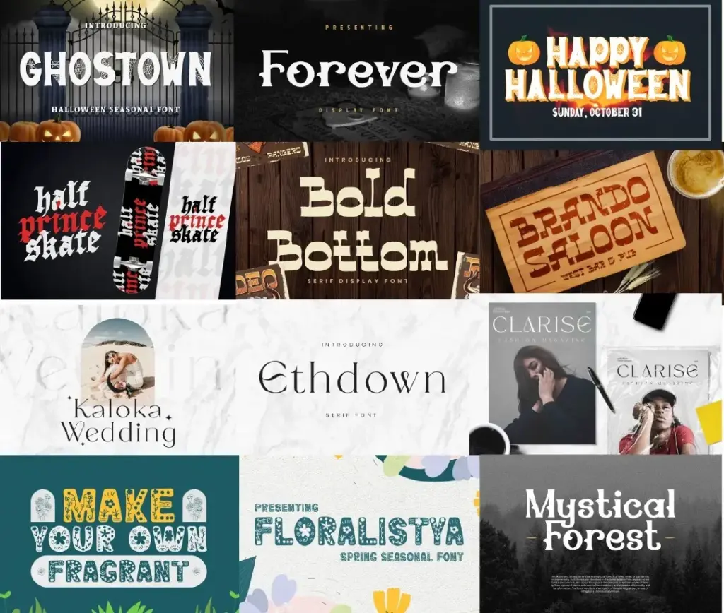 Halloween, wedding, fashion, and serif fonts displayed in the Ultimate Fonts Collection