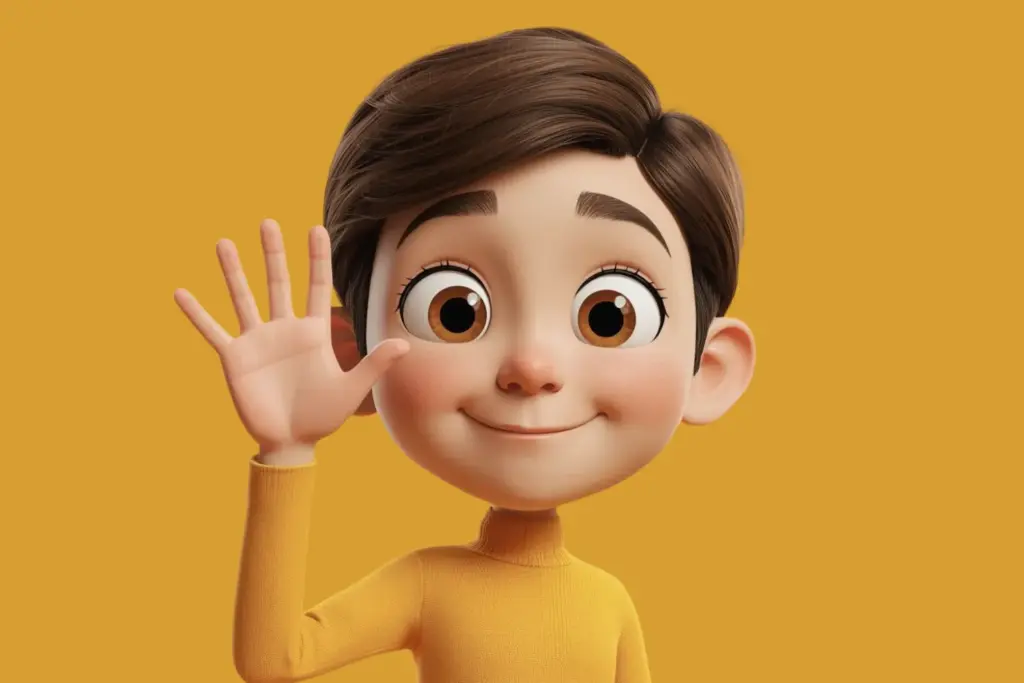 3D cartoon image of a boy waving wearing a yellow turtleneck created using AI prompts included in the bundle