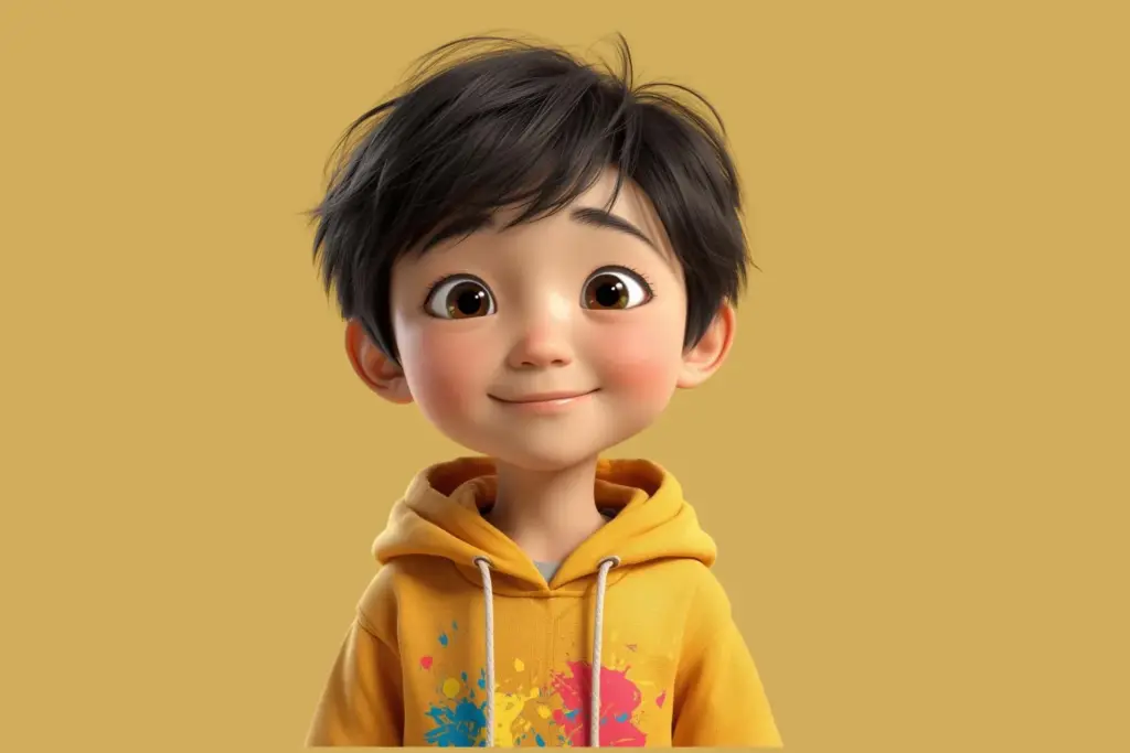 3D cartoon image of a boy with messy dark hair created using AI prompts included in the bundle