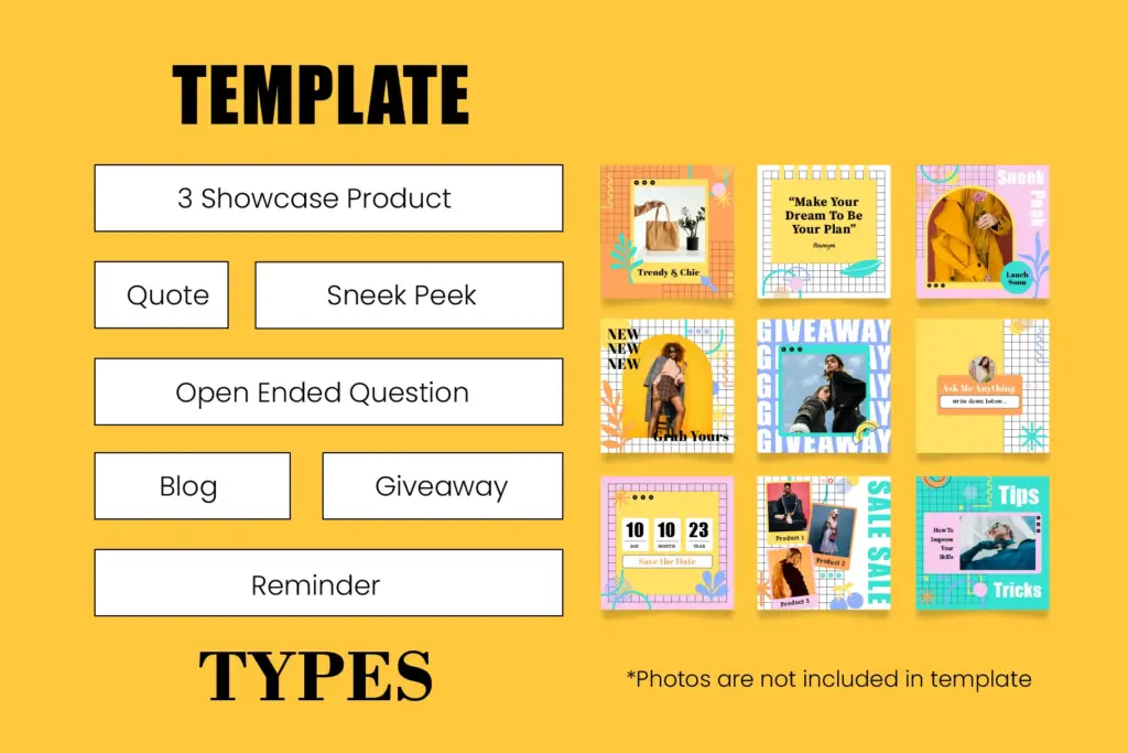 List of Instagram post types with visual examples including quotes, giveaways, sneak peeks, and reminders