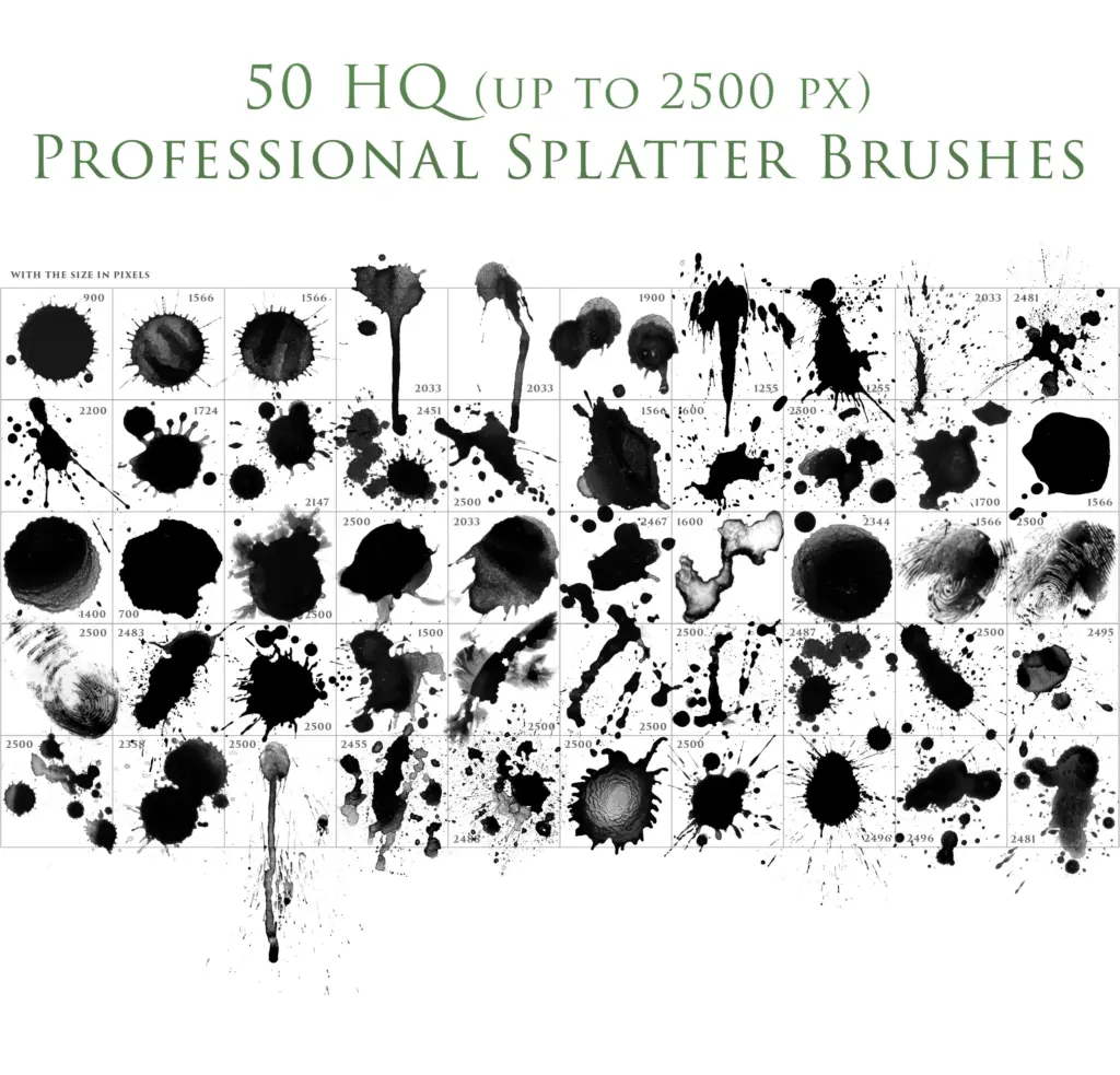 Grid of 50 high-resolution black ink splatter brushes with pixel sizes labeled for design use.
