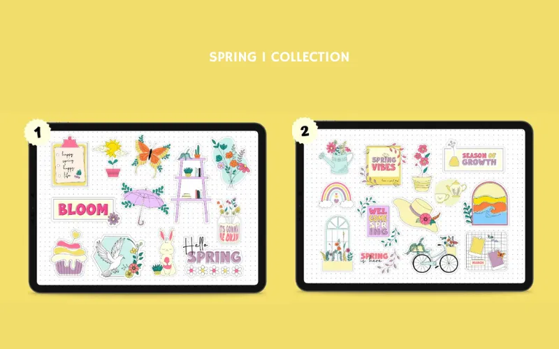 Cheerful spring stickers with flowers, sunshine, and phrases like “Hello Spring.