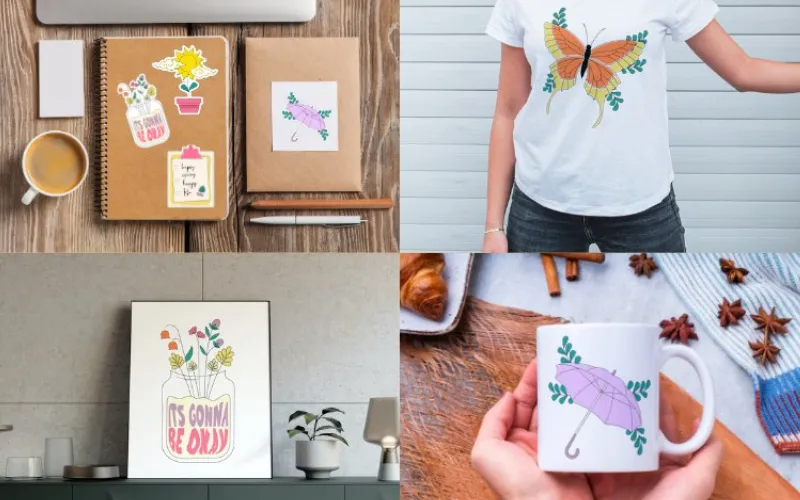 Spring-themed designs on mugs, shirts, prints, and stationery with butterflies and flowers