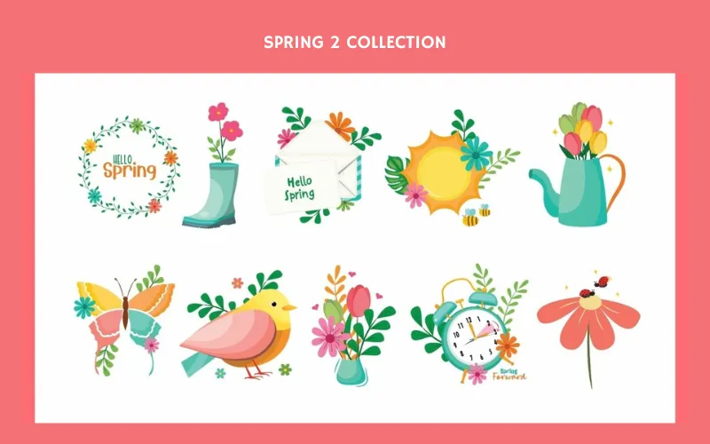 Bright spring icons like boots, birds, and “Spring Forward” clock.
