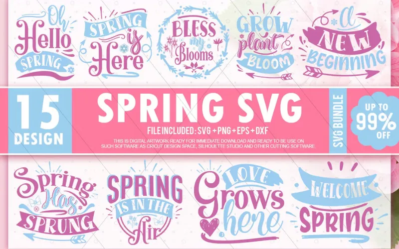 Collage of Spring SVG Designs included in the bundle